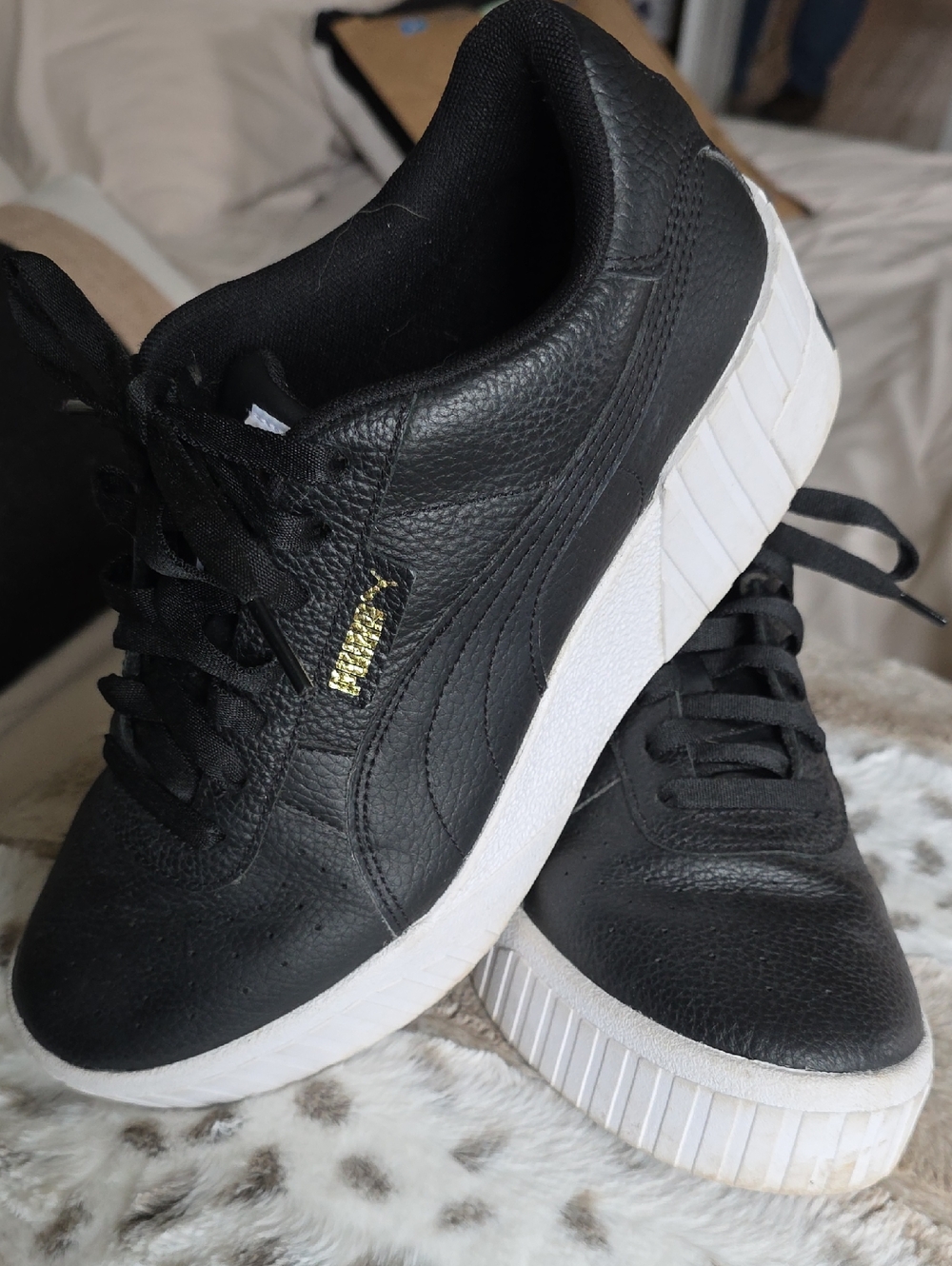 Puma Black Leather Platform Sneakers with White Sole and Gold Logo